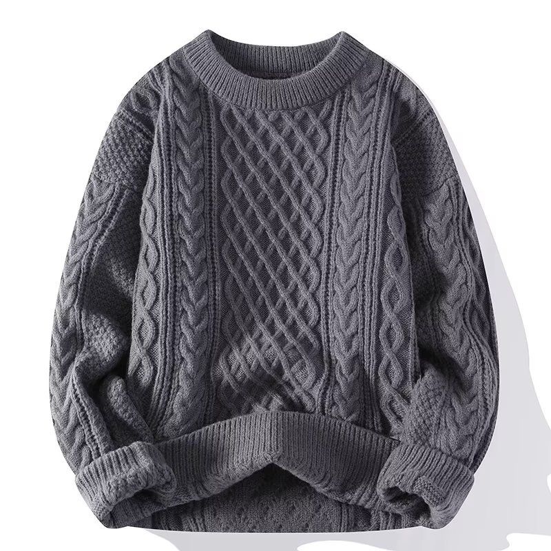 Thickening Winter Men’s Round Neck Thickened Sweater Knitted Pullover Solid Color Long Sleeved