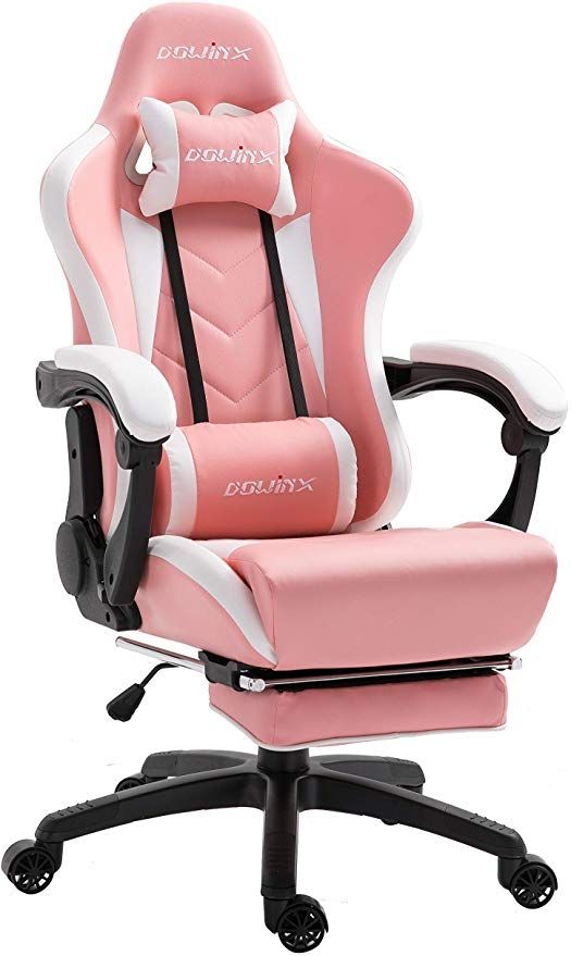 Dowinx Gaming Chair Ergonomic Reclining Racing Chair with Massage Lumbar Support, Computer Office Armchair E-Sports Leather Gaming Chairs with Retractable Footrest (White&Pink)